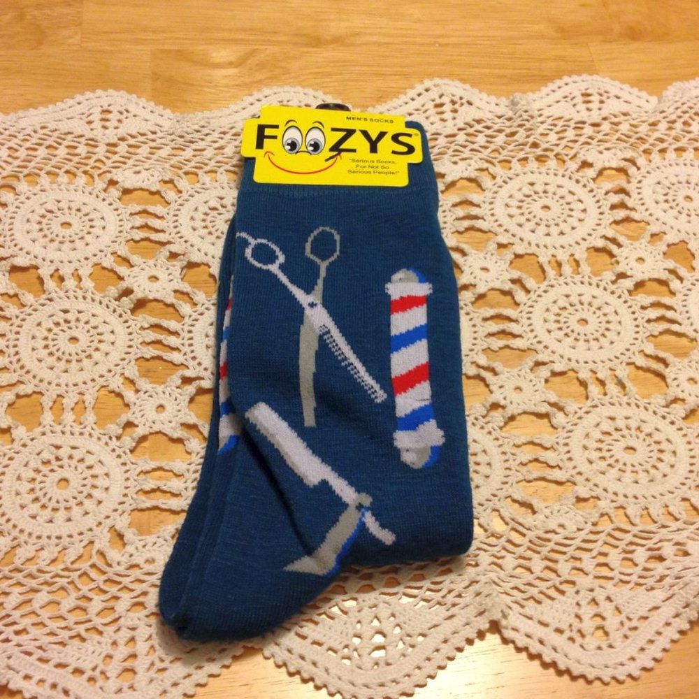 Men's Socks, Foozys Barber Theme, blue background